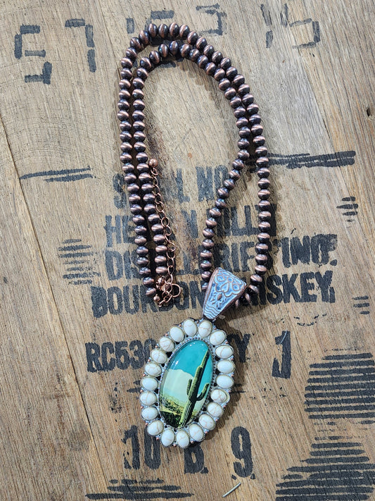 White Stone Framed Cactus Bubble Pendant Navajo Inspired Pearl Necklace