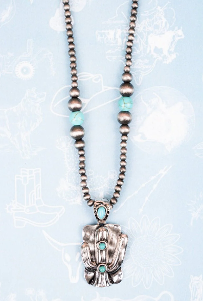 TURQUOISE MOJAVE RANCH CACTUS SILVER PEARL NECKLACE
