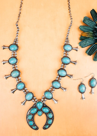 SILVERTONE AND TURQUOISE STONE SQUASH BLOSSOM NECKLACE AND EARRING SET