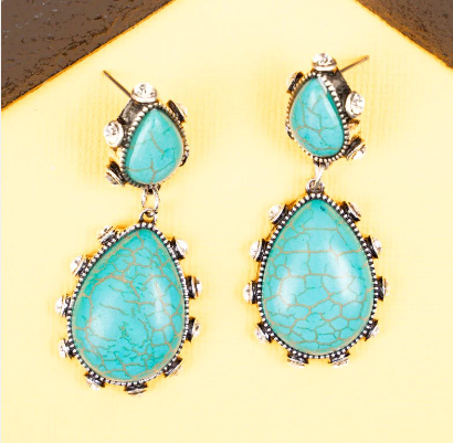 TURQUOISE AND CRYSTAL TEARDROP STONE EARRINGS